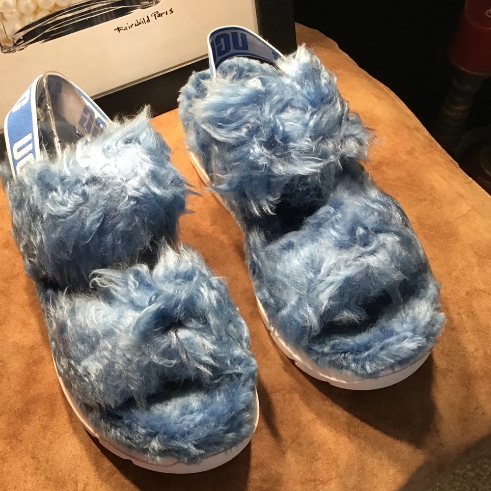 UGG NIB AUTHENTIC FLUFF SUGAR SANDAL IN BLUE & WHITE SOLE PLATFORM SLIPP…